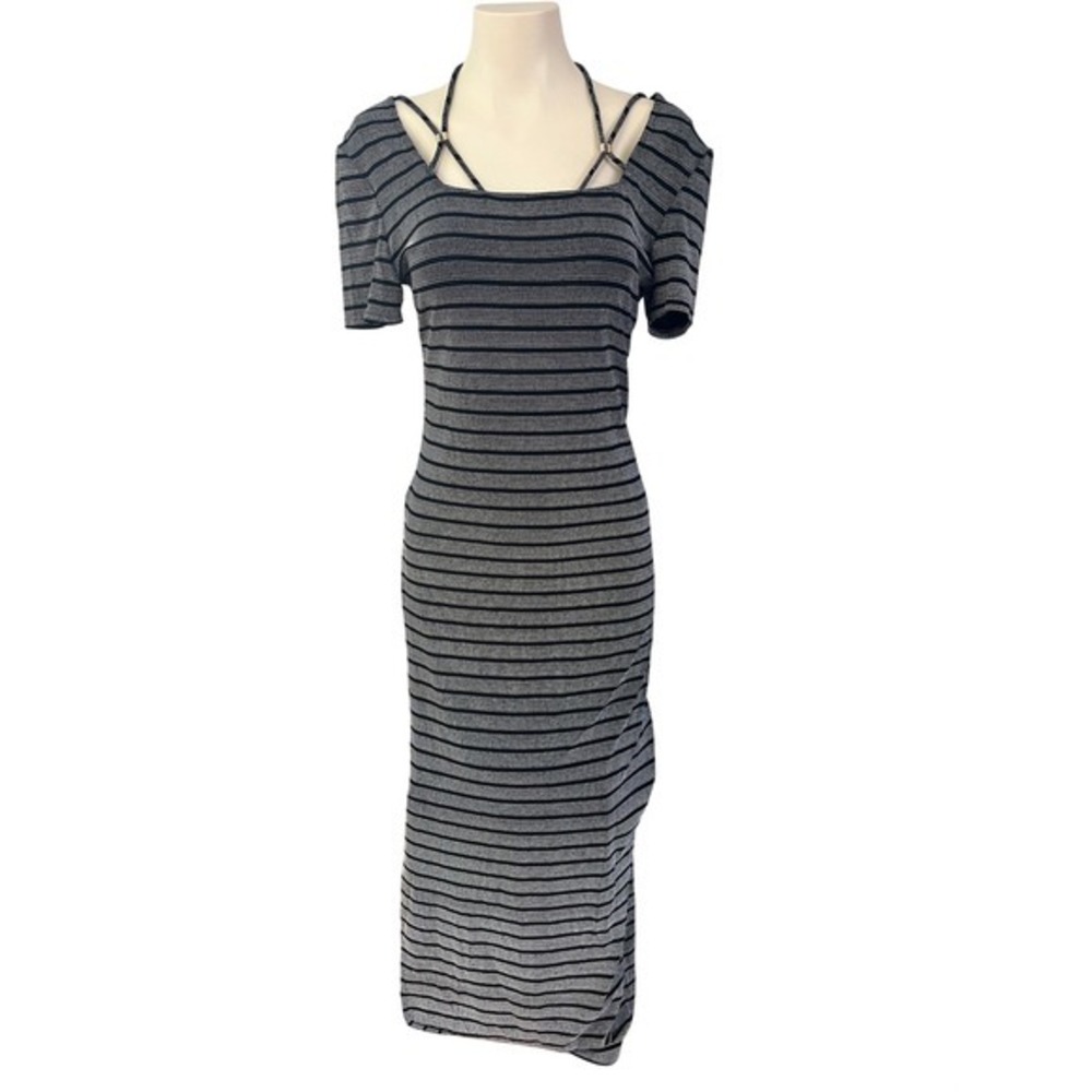 Vintage Joseph Ribkoff Black White Striped Strappy Maxi Dress Short Sleeve